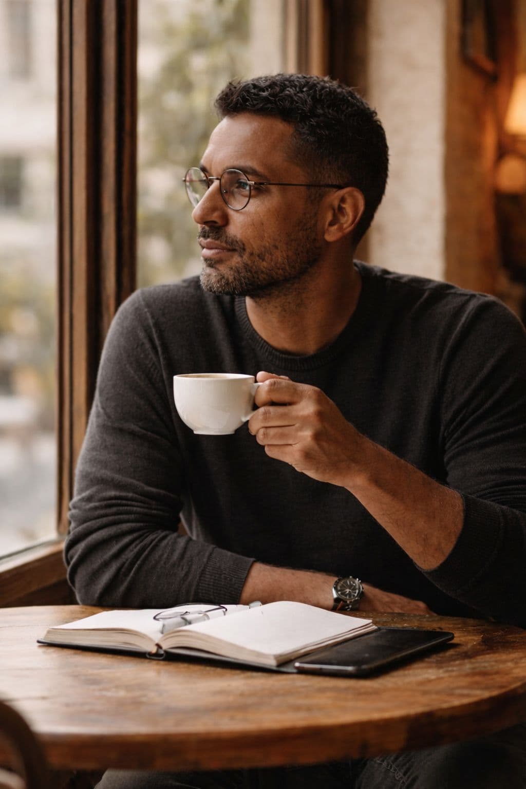 Woman having espresso at coastal café